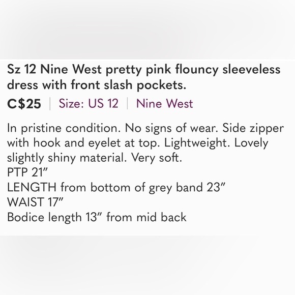 Nine West sz 12 pretty pink flouncy sleeveless dress with front slash pockets - Picture 13 of 13